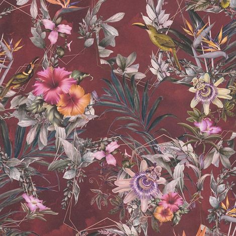 Papier peint floral rose et orange sur fond bordeaux Tapisserie feuillage à motifs de fleurs Papier peint fleuri style tropical idéal cuisine (1/4)