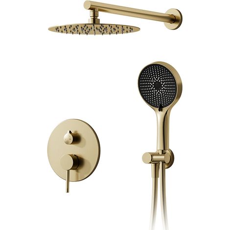 Colonna Doccia, Sistema Doccia da Incasso Completo Oro Spazzolato  Soffione doccia a pioggia rotondo da 30 cm, regolabile a 360°, set di accessori da incasso, soffione con ugelli anticalcare (1/5)