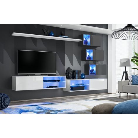 Ensemble meuble TV mural Switch XXIV - L 260 x P 40 x H 170 cm - Blanc et gris - Livraison gratuite