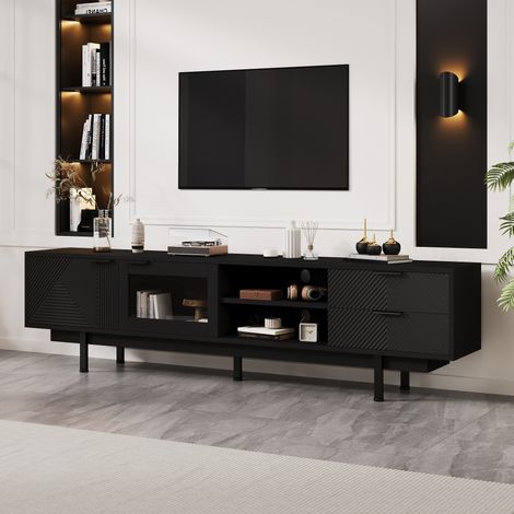Mobile TV 200x40x50.5 cm nero in truciolare e vetro temperato con 2 ante, 2 cassetti e ripiani semiaperti (1/5)
