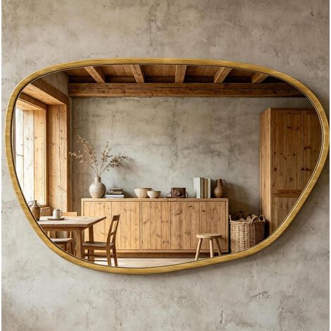 Specchio da parete asimmetrico 90x60 cm con vetro temperato e cornice effetto legno naturale (1/5)