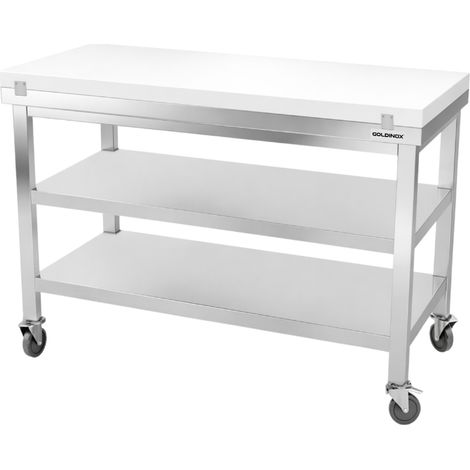 Table de travail en inox 1400x700 mm avec plaque de découpe blanche et 2 étagères sur roulettes PREMIUM - GOLDINOX (1/4)