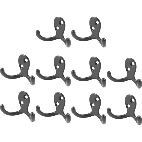 Lot de 10 patères murales noires à double crochet, style rétro, en alliage de zinc haute résistance, pour salle de bain et cuisine. (1/5)
