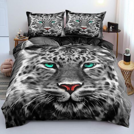 3D Bettwäsche 200x200 cm Leopard Tiermotiv Grau Türkis Mikrofaser mit Reißverschluss