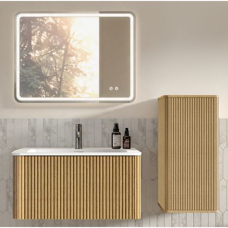 Mueble de baño con lavabo, espejo LED y columna, color roble HAVRYA (1/5)