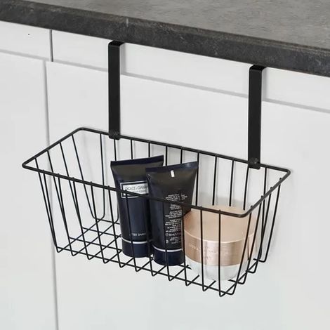 Panier à suspendre porte de cuisine - JUANIO - 28 x 12 x 22,5 cm - Noir - Fer laqué - Traitement anti-rouille (1/4)