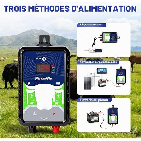 Électrificateur de Clôture Électrique 4 Joules , 24km/15 Miles IP65 Étanche  Alimentation Secteur/Batterie/Solaire – Choc Puissant pour La Protection des Animaux et Dissuasion des Grands Prédateurs (1/4)