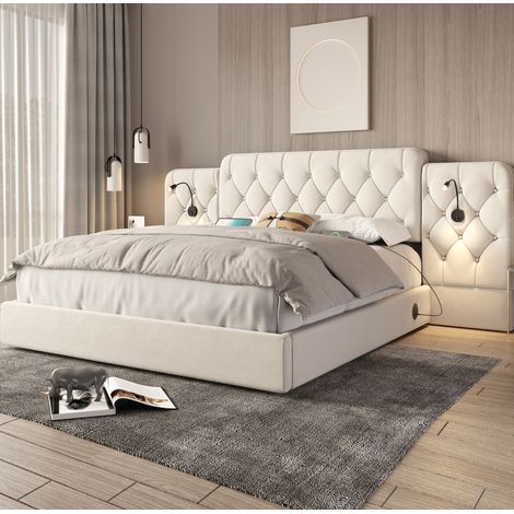 Cama con canapé moderna de terciopelo beige 160x200 cm con cabecero alargado, luces de lectura, puertos USB y elevación hidráulica