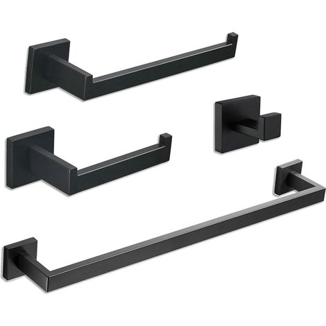 Ensemble de porte-serviettes 4 pièces – Acier inoxydable SUS304 – Installation murale – Finition noire – Dimensions 46 x 16 x 9 cm