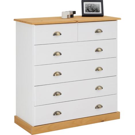 Idimex – Commode enfant 6 tiroirs en pin massif – Dimensions montées 95 x 91 x 39 cm – Couleur blanc/brun – Poignées coquille en métal bronze (1/5)