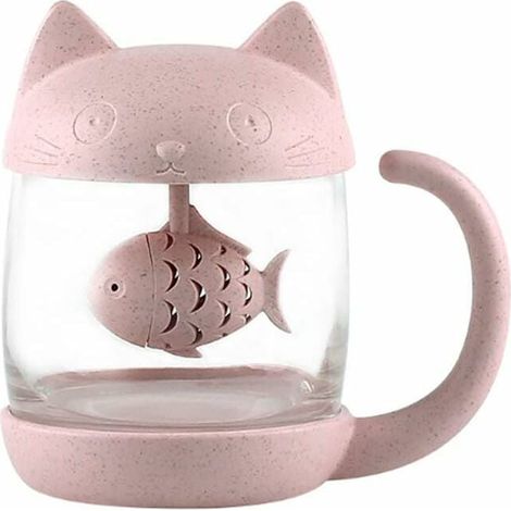 Tasse à thé en verre de chat Boîteille d'eau-Avec filtre de filtre à infusion de pain de poisson 250 ML (8 oz) (Rose)-Fei Yu (1/4)