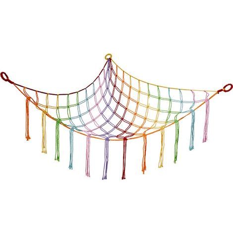 Filet à jouets en corde de coton tissée à la main, rangement mural triangulaire avec pompons, 100 x 100 x 150 cm (1/3)
