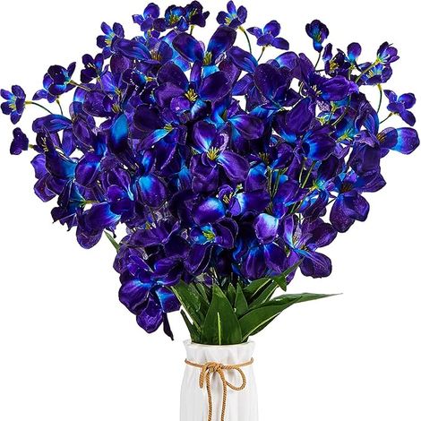 Orchidée artificielle violette et bleue 27 pouces, fleurs fausses en soie pour mariage, décoration maison, restaurant, bouquet de mariée, corsage, boutonnière, couronne (8 pièces) (1/5)
