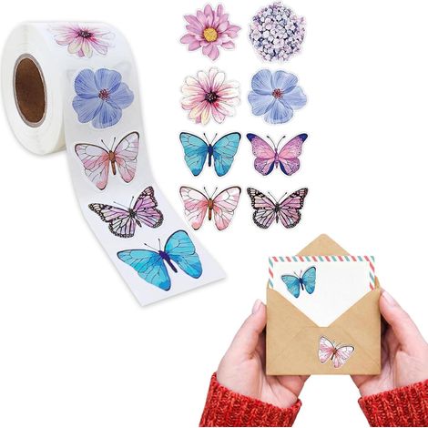 Rouleau de 500 autocollants papillons et fleurs aquarelle – Motifs colorés, étiquettes décoratives pour albums de scrapbooking enfants/ados, enveloppes, bouteilles d'eau et emballages cadeaux (1/5)