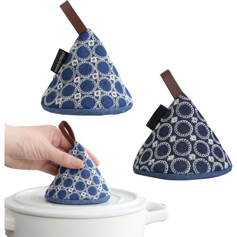 2 Pièces Coton Doublure Manique de Cuisine, Broderie à la Main Petit Gants de Cuisine, Gants de Four Antidérapants Résistants à la Chaleur, Postuler à pour Gril, Cuire(Bleu) (1/5)