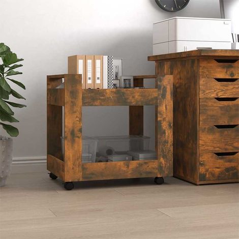 Chariot de bureau à roulettes, 2 tablettes, bois d’ingénierie, chêne fumé, 60 x 45 x 60 cm - PANGIVO (1/5)