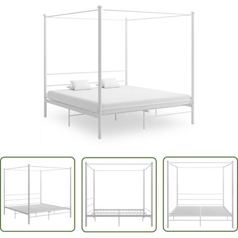 The Living Store Cadre de lit à baldaquin sans matelas blanc métal 180x200 cm - Lit Plateforme - Lit Double - Cadre Lit Metal - Lit Design - Literie (1/5)