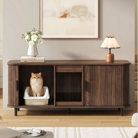 Mueble para arenero de gato (140x50x60 cm), con puertas correderas, espacio para dos areneros, MDF, color nogal