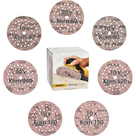 Mirka Ultimax Ligno Klettschleifscheiben Ø 125 mm, Mix-Pack 40/60/80/120/150/180/240, je 10 Stk, 70 Stk (1/5)