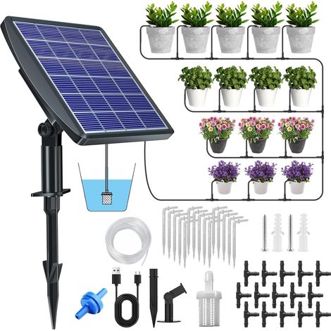 Kit d'irrigation solaire automatique pour jardin, système d'irrigation goutte à goutte automatique avec tuyau de 15 m, 15 pots, appareils d'auto-arrosage avec minuterie pour plantes en pot en plein (1/5)