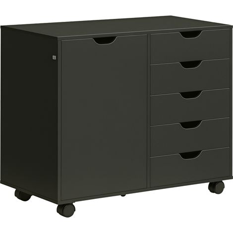 Meuble bureau 5 tiroirs 1 porte avec support imprimante étagère réglable sur roulettes noir pratique (1/5)