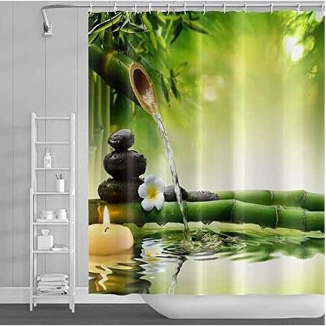 180x200cm Spa Bambou Rideau de Douche Vert Feuilles Bougies Eau Thérapie Floral Rideau de Bain Zen Méditation Basalte Pierres Rideau de Baignoire pour Salle Bains Polyester avec Crochets (1/4)