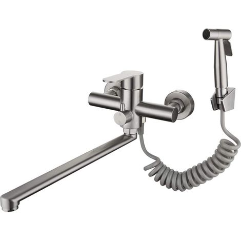 Wall Mounted Kitchen Faucet with Gun and 2 Types of Water Jet Sink Mixer Tap 360° Swivel Taps, Brushed Stainless Steel (1/5)