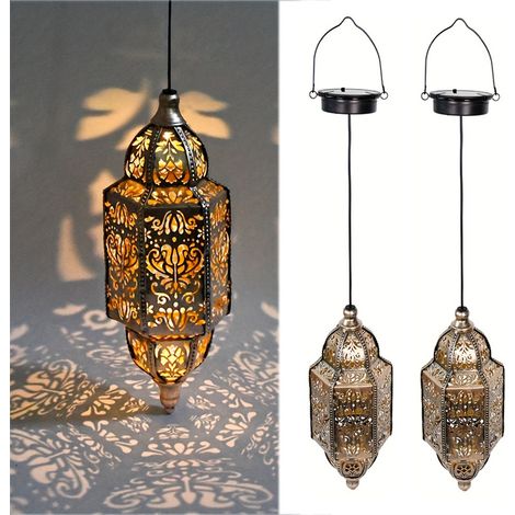 Lot de 2 lanternes en fer bohèmes solaires,découpes – Décoration d'extérieur à suspendre pour porche,jardin,allée,porche (1/5)