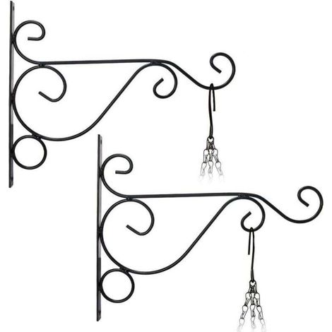 2-teiliges Wand-Pflanzenhaken-Set (26 cm x 21 cm) zum Aufhängen von Blumentöpfen, Windspielen, Laternen und Metall-Gartenkörben für die Gartendekoration (Schwarz) - Crezuo