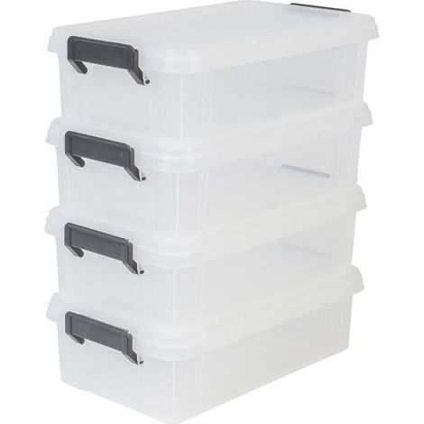 Iris Ohyama – Lot de 4 petites boîtes de rangement plastique 4L – Transparent – Dimensions externes 36.5 x 21.4 x 10.5 cm – Empilables avec clips de fermeture (1/3)