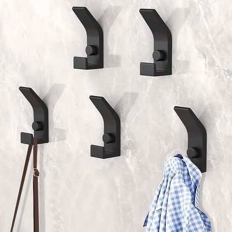 Lot de 5 crochets de suspension modernes – Noir mat – Pour serviettes, chapeaux et vêtements – Avec matériel de montage – Salle de bain, bureau, chambre (1/5)