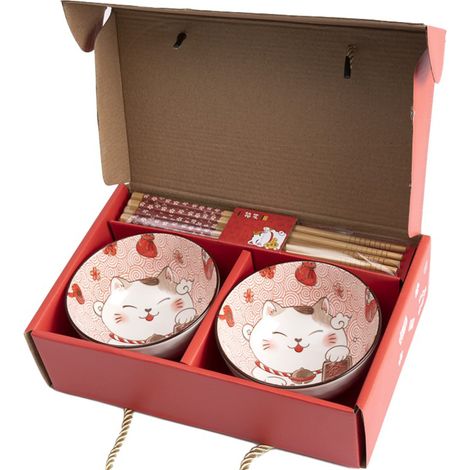 lachineuse - 2 ciotole Maneki Neko - Ciotole per riso, colazione e zuppa - Stoviglie in porcellana giapponese - Con bacchette - Gatto portafortuna - Idea regalo giapponese (1/5)