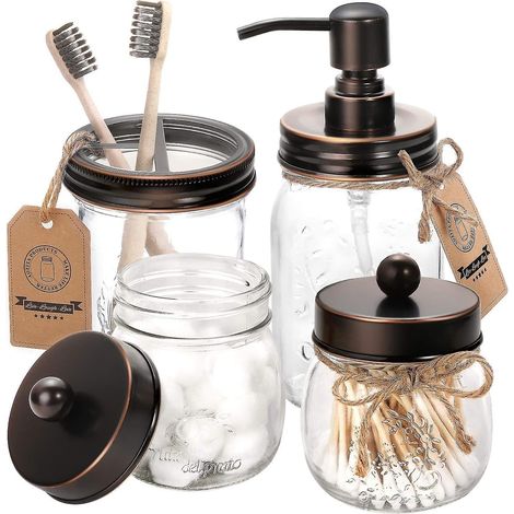 Ensemble d'accessoires de salle de bain en bronze huilé comprenant un distributeur de savon en bocal Mason, deux pots d'apothicaire et un porte-brosses à dents - Décoration rustique de style campagnar (1/5)