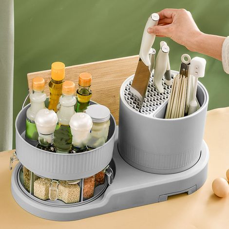 Porte-couteaux de cuisine rotatif multifonctionnel, égouttoir à couteaux, rangement pour baguettes, couteaux et condiments, blanc (1/5)
