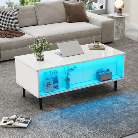 Tavolino da caffè sollevabile 105x50x43 cm bianco con LED e vano, truciolare, MEUBLIV (1/5)