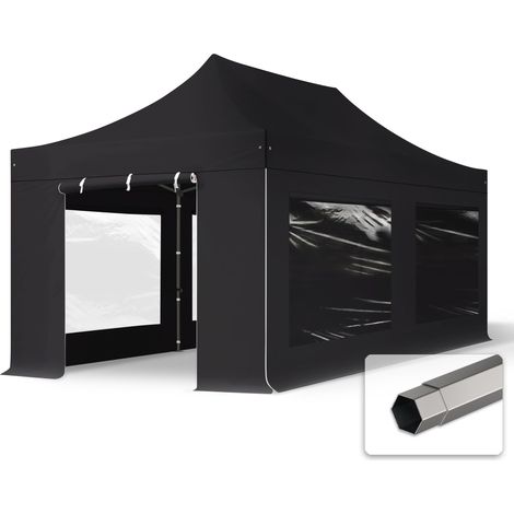 3x6 m Tente pliante - Acier, anti-feu, côtés panoramiques, noir (1/5)