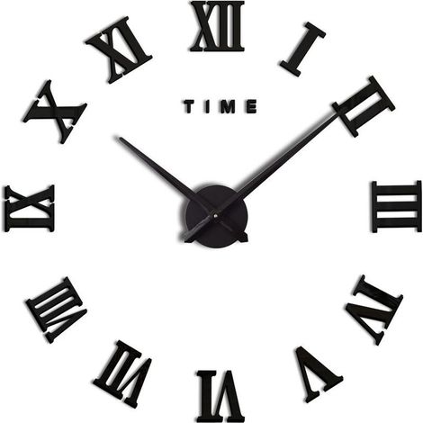 Moderne DIY Grande Horloge Murale Chiffre Romain Grande Montre 3D Autocollant Horloge Murale Montre Home Office Décor Amovible (Batterie Non Incluse) Noir (1/5)