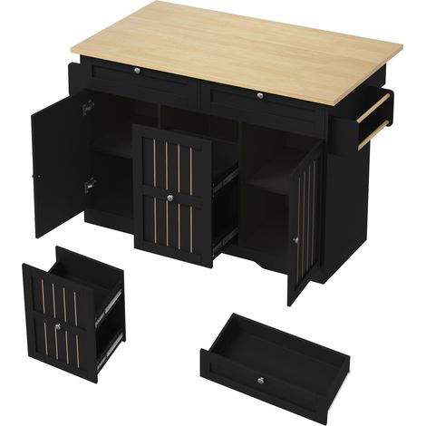 Îlot de cuisine mobile avec plateau rabattable, desserte et meuble de rangement, avec tiroirs verticaux à 2 niveaux, 2 grands tiroirs et roulettes verrouillables, 120 × 45 (70) × 92 cm (1/5)