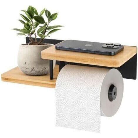 Porte-papier toilette avec étagère, porte-papier toilette en bambou en acier et bambou, porte-papier toilette sans perçage bois, porte-rouleau de papier toilette pour cuisine et salle de bain