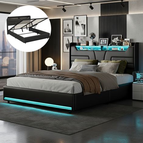 Cama Canapé 140x190 cm con Iluminación LED Regulable, Puerto USB, Somier de Láminas, Polipiel, Arcón Hidráulico, Cama de Matrimonio – Negro
