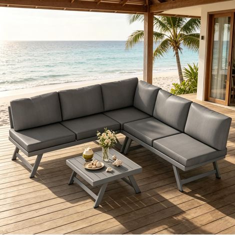 4-teiliges Eck-Gartenlounge-Set 115x61x65 cm aus Stahl und Aluminium, grau, 5 Plätze – MEUBLIV (1/5)