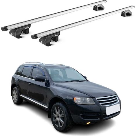 OMAC Dachträger Aluminium TÜV geprüft für VW Touareg II 2010-2018 – Für Standard Dachreling – T Nut – Max 90 kg – 2 Schlösser Silber (1/5)