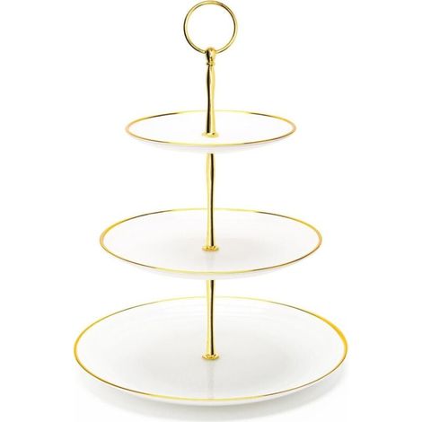 Présentoir à cupcakes à trois étages, plateau à desserts en plastique, idéal pour les goûters, les fêtes de bébés et les mariages (bord arrondi doré). (1/4)