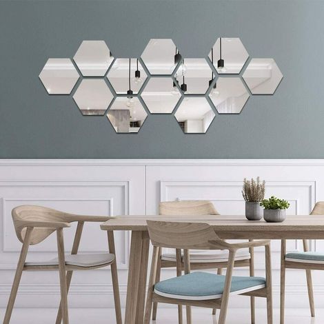 12 Pièces Miroir Acrylique Adhésif Autocollant Mural Miroirs Muraux Stickers Salon Chambre Décor TV Fond Décoration (Hexagone, Argent) (1/5)