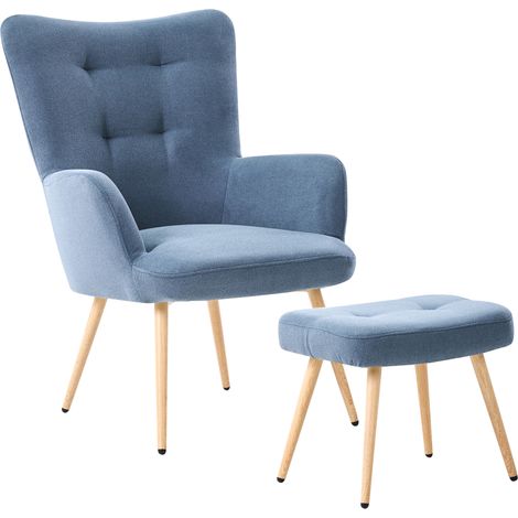 Wingback Chair VEJLE with Footstool Velvet Dark Blue (1/5)
