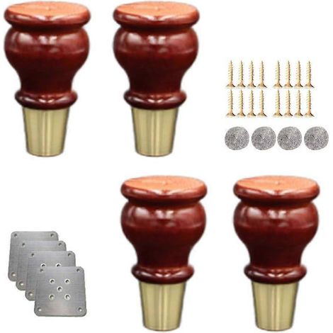 Quatre pieds de canapé en forme de gourde, pieds de meubles en bois massif, embouts en laiton, adaptés aux meubles TV, bureaux, meubles de cuisine, etc. Remplaçables (couleur noyer, 15 cm/5,9 pouces)  (1/5)