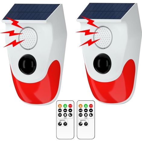 Alarma solar infrarroja con sensor de movimiento y control remoto (2 unidades), alarma de 120 dB de alto decibelio, área de detección infrarroja de 6 metros/110°, resistente al agua IP67, sistema de a