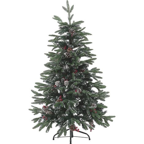 Árbol de Navidad verde PVC base de metal 120 cm efecto nieve con piñas bayas de acebo tradicional