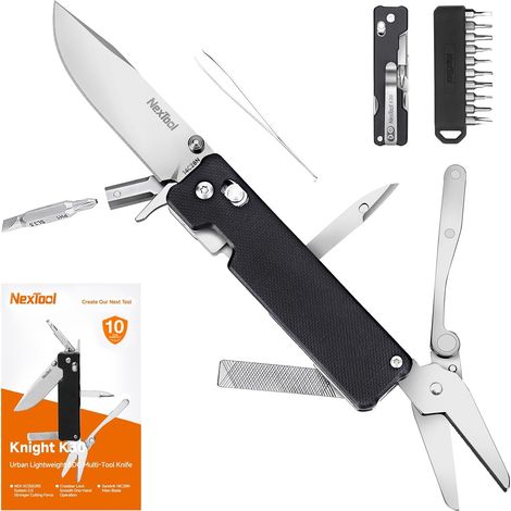 Couteau de Poche Pliant 11 en 1 à Verrouillage par Axe, Outil Multifonctions EDC avec Lame en Acier, Manche G10, Ciseaux Moletés, Jeu de 10 embouts de tournevis de 4 mm pour Camping (1/5)