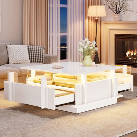 Table basse LED blanc brillant 70x70x35 cm avec 2 tiroirs et cloison acrylique, pour salon et petit espace